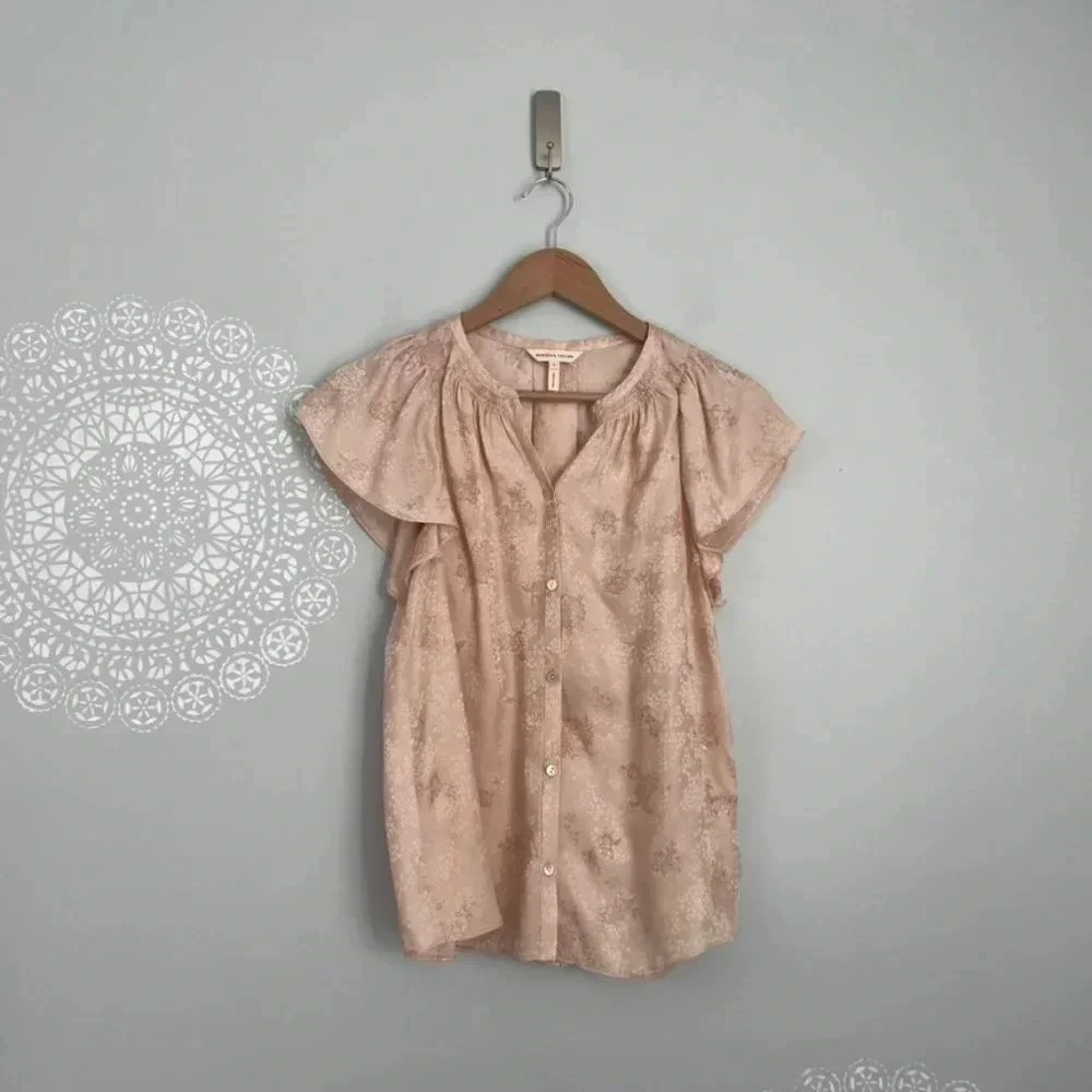 Rebecca Taylor Pink Shimmer Floral Silk Button Down Blouse Size 2